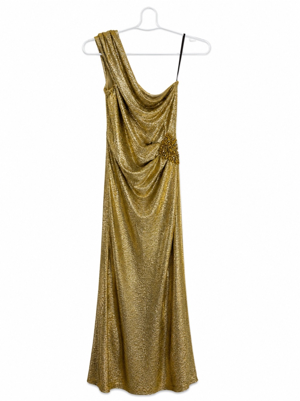 David Meister One-Shoulder Shimmering Gold Evening Gown - Picture 6 of 12